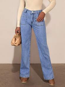 Women's Light Blue Classic Minimalist Straight-Leg Jeans, Square Pocket Design, Slim Fit Flattering Casual Pants - Light Wash - View 2