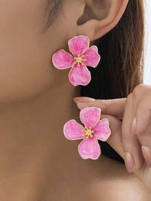 1 Pair Orange Tie Dye  Flower Asymmetrical Shape Stud Earrings, Wedding Gift For Women - 粉色 - 查看 7