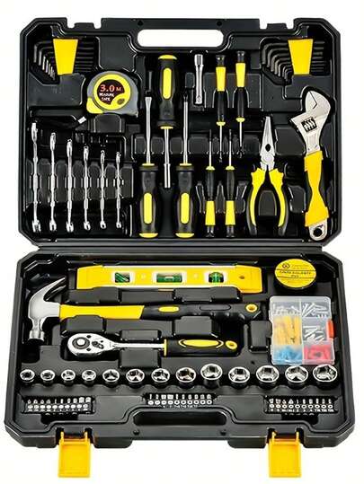 Conjunto de 46 peças de chaves de catraca multifuncionais, kit de ferramentas masculino com chaves hexagonais e soquetes, caixa de ferramentas, ferramentas para mecânica automotiva, encaixe de 1/4", medidas métricas, com barra de extensão, solução multifuncional compacta para manutenção de bicicletas e motocicletas, reparos automotivos e uso doméstico, estrutura revestida em aço, pré-montado, manual, com caixa de armazenamento.