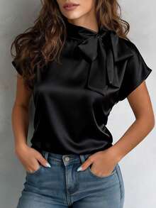 Women's Solid Color Woven Fabric Drawstring Casual Blouse - Black - View 1