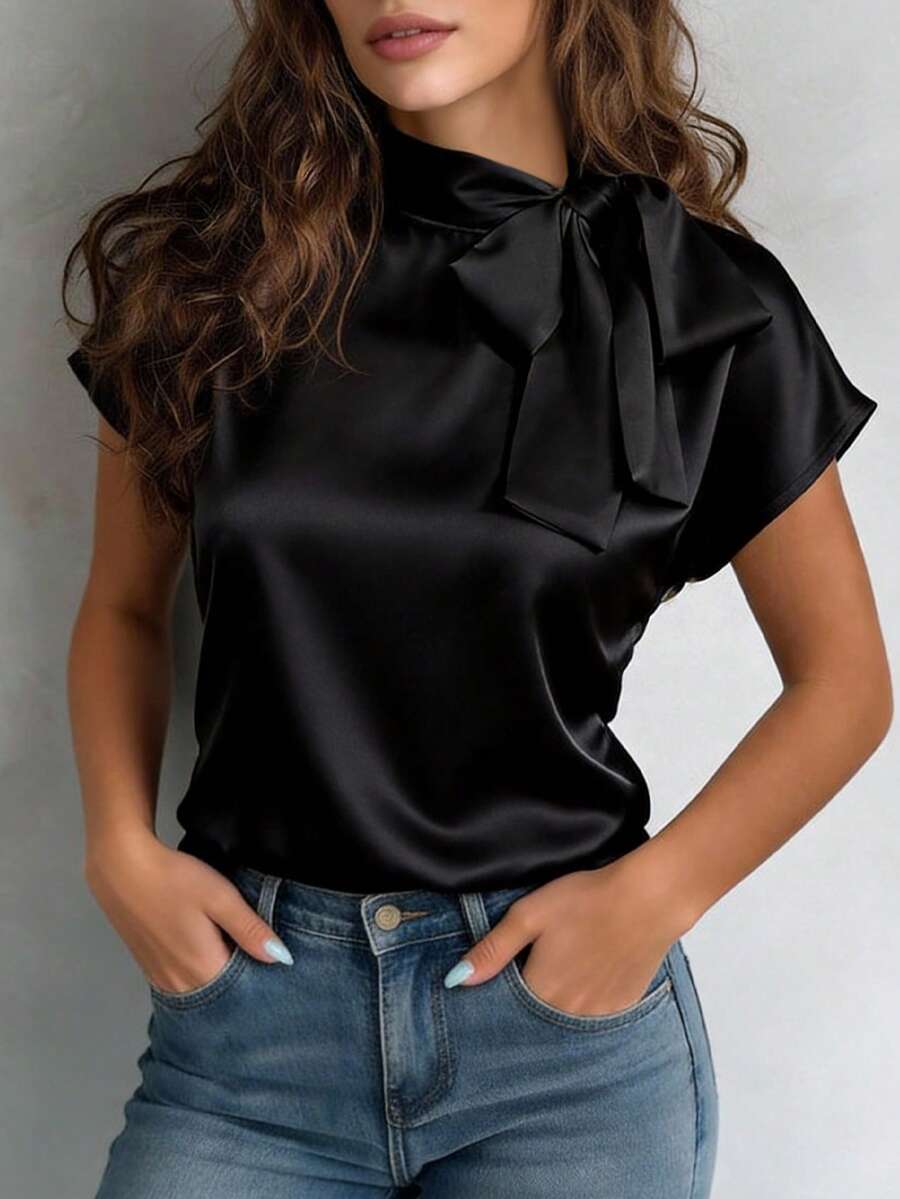 Women's Solid Color Woven Fabric Drawstring Casual Blouse - Black - View 1