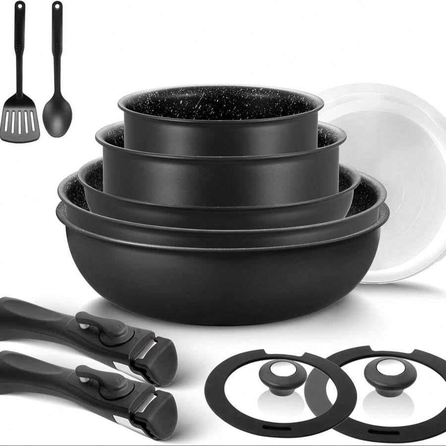 Induction Hob Pans Set 13pcs, Nonstick Pots And Pans Set With Detachable Handles, For All Hobs, Stackable Design, Dishwasher/Oven - Black - View 1