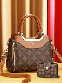 Chic 3pcs Women's Fashion Bag Set - Elegant Geometric Print, Faux Leather Tote With Crossbody & Clutch Wallet - Coffee - View 12