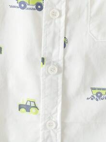 Young Boy Cartoon Car Print Button-Front Short Sleeve Shirt - White - View 6