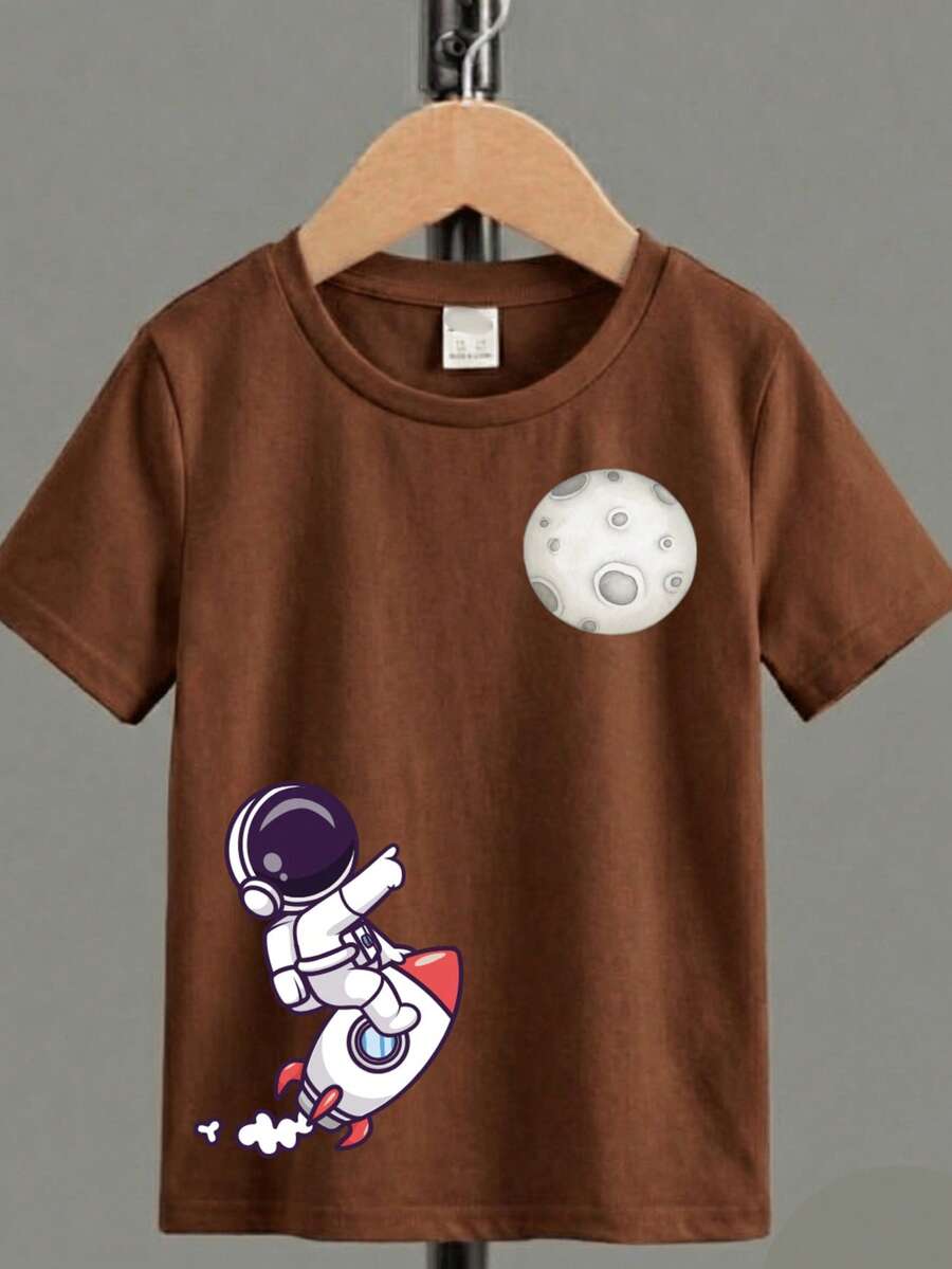 Basic Cotton Kids T-Shirt With Rocket Print - Back To School - Óxido marrón - Ver 1