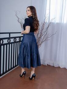 Midi Denim Skirt - Christian Fashion - 深色水洗藍 - 查看 3