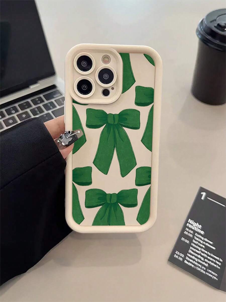 1 Fashionable Green Bow Pattern Phone Case, Made Of TPU Material, With A Circular Staircase Design. It Can Be Given As A Holiday Gift And Is Suitable For 11, 12, 13, 14, 15, 16 Pro / Promax / 14, 15, 16 Plus 17 / Air Models. It Is A Phone Case For Both Boys And Girls. - Multicolor - View 1