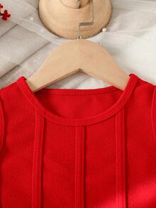 Baby Girls Valentine's Day Solid Color Sleeveless Round Neck Irregular Top + Cartoon Fruit Cherry Embroidery Fake Pocket Denim Shorts Casual Outfit - Red - View 8