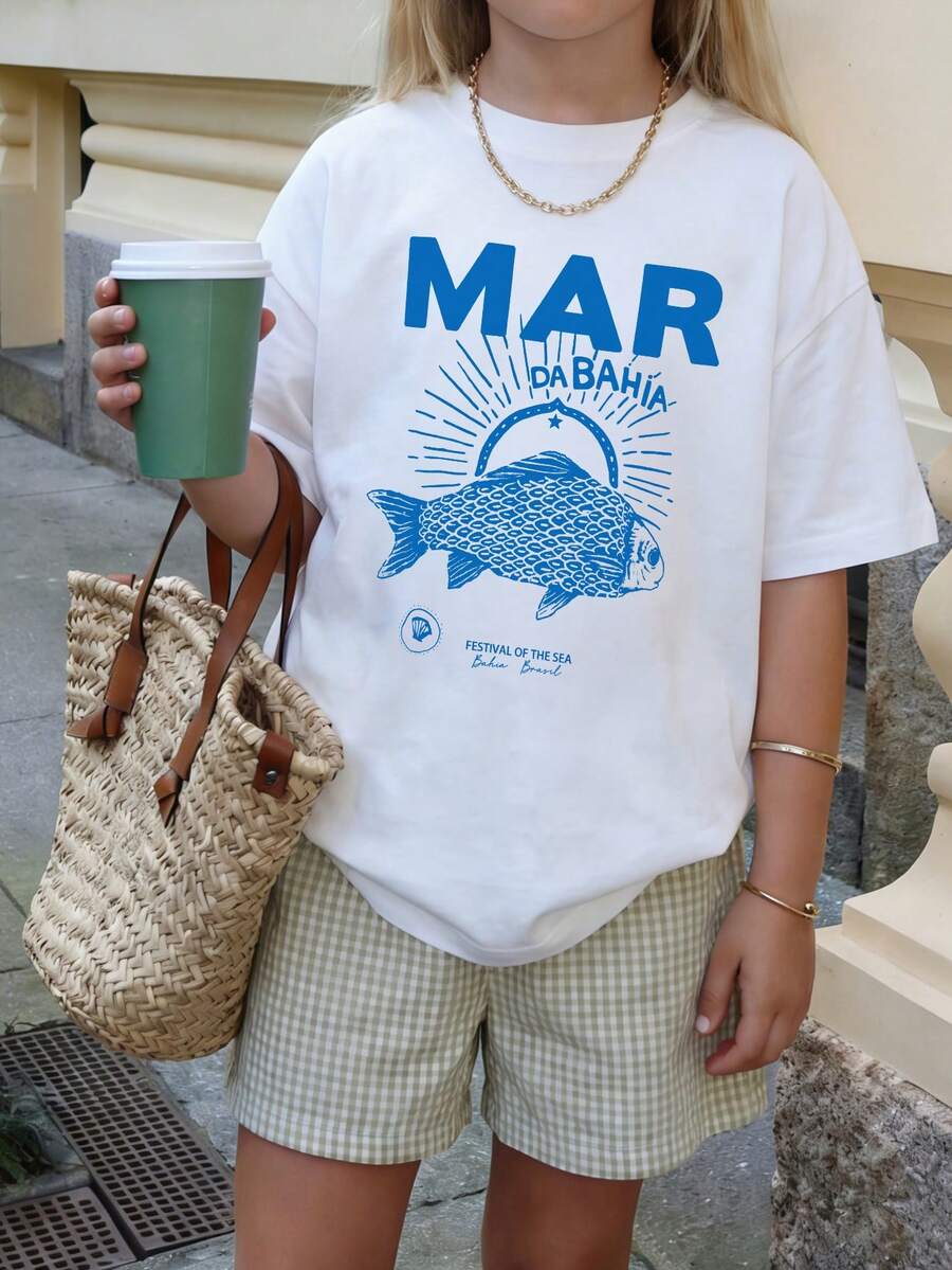 1 pieza Camiseta de manga corta de cuello redondo con estampado de conchas y peces, ropa de verano casual para estudiantes jóvenes - Blanco - Ver 1