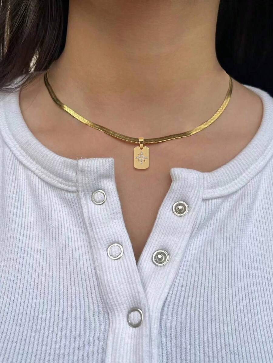 1 pieza Collar colgante para niña, estilo minimalista y por capas, cadena plana de acero inoxidable con colgante rectangular de estrella de circonita cúbica, uso versátil diario, accesorio de regalo - Amarillo Oro - Ver 1