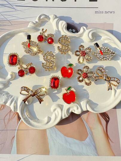 14pcs Shiny Bow & Flower Lip Gloss Set, Multifunctional Detachable Shoe Clips Suitable For Women's Sandals & Slippers, Christmas Birthday Party Gift