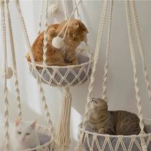 1件套手工编织猫吊床，波西米亚风格悬挂式猫床，带流苏猫抓柱，手工编织猫秋千吊床，纤维艺术猫床，四季皆宜 - 白色 - 查看 9