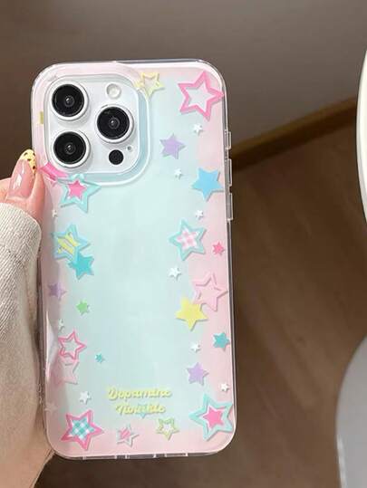 1 Pc Powder Blue Stars Surrounding Edge Following From Macroporous White, Cute High Sense Of Fashion And Personalized From The Silicone Protective Shell, Is Suitable Compatible With IPhone17 / Iphone17promax Iphone16 Pro Max/Iphone15 Pro/Iphone14 Iphone13/12/11, Suitable For Family/Friends/Sister/Girlfriend On Valentine's Day Gift/Birthday Gift/Mother's Day Gift