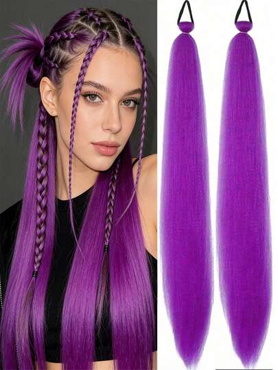 1-3pcs 26 Inch Purple DIY Braiding Hair Extensions | Women Synthetic Yaki Straight Heat Resistant Fluffy Ponytail | Suitable For Halloween, Christmas, Holiday Parties
