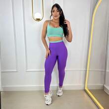 Women's Two-Tone Fitness Set - Pants And Cropped Top With Removable Padding - Gym Clothes - Premium Spandex - Green and Lilac - View 1