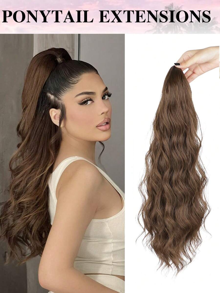 20 Inch Long Wavy Synthetic Ponytail Hair Extensions, Clip-In Style, Natural Soft For Daily Wear (Light Brown) - Light Brown - View 1