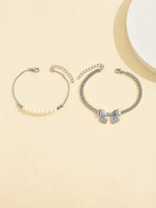 2pcs/Set Bow & Faux Pearl Bracelet Set, Fashion Jewelry, Elegant & Cute, Suitable For Beach, Vacation, Casual Wear - Multicolor - View 2