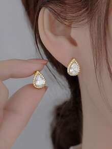 925银镀金锆石双圈耳环，梨形密镶微镶法式迷你礼盒 - 金色 - 查看 6