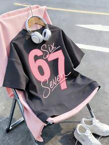 女童卡通星星元素67印花T恤，时尚百搭休闲上衣，适合女童日常休闲穿着 - 深灰色 - 查看 6