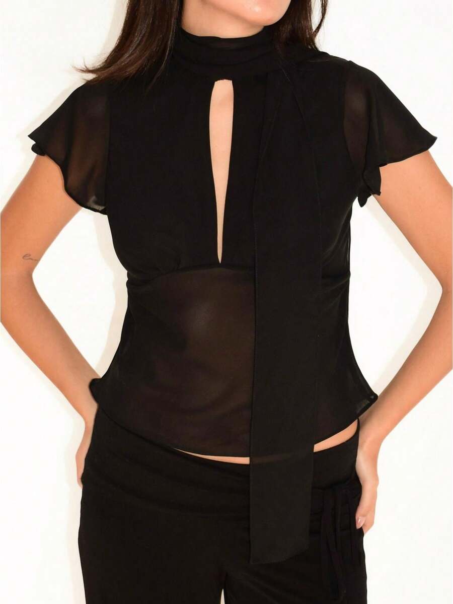 2026 Women's Mock Turtleneck Scarf T Shirts Chiffon Short Cape Sleeve Business Casual Tunic Tops Slim Fit Tie Up Summer Tunic Tops Basic Dressy Tee Shirt - màu đen - Xem 1
