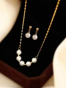 1 Set Stainless Steel Waterproof Non-Fading Fashionable Minimalist Smile Pearl Necklace & Earrings Suit, Suitable For Women's Daily Wear - Gold - View 7