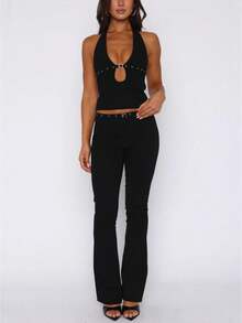 Women's Buckle Halter Top, Y2K Plunge Neck Open Back Crop Tops Front Cut Out Sleeveless Slim Tank Tops Summer Hollowed Vest Shirt For Club Party Streetwear - 黑色 - 查看 6