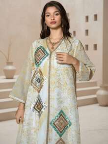 Middle Eastern Style Mesh Embroidered Beaded Floral Robe, Elegant Women Gown - Apricot - View 4