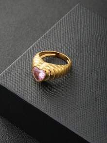 1 chiếc nhẫn hình trái tim lãng mạn bằng thép không gỉ mạ vàng 18K, đính đá Cubic Zirconia, thời trang, đa năng và sang trọng, phù hợp cho phụ nữ đeo hàng ngày, dự tiệc, làm quà tặng cho mẹ, vợ, bạn gái, các dịp lễ. - Nhẫn sọc hình trái tim cổ điển châu Âu và Mỹ - Xem 7