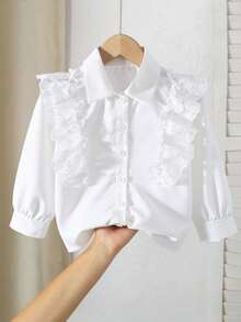 女童优雅简约时尚翻领插肩袖宽松白色刺绣荷叶边设计百搭衬衫，适合秋季穿着 - 白色 - 查看 2