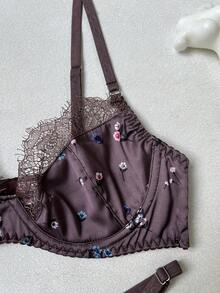 Women's Satin Printed Lace Patchwork Lingerie Set 2 Pieces Bra And Panty Set - Coffee Brown - View 5