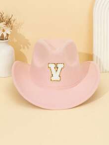 1pc Unisex Children's Letter Decor Pink Felt Brimmed Hat, 26 Letters Available, American Western Cowboy Style, Outdoor Casual Sun Hat For All Seasons, Suitable For Daily Wear, Parties, Outdoor Activities, Children's Gift - Pink - View 18
