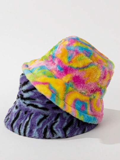 1顶男女通用Y2K仿毛皮彩色扎染蓬松涂鸦渔夫帽，秋冬户外街头时尚百搭宽檐大头小脸针织帽，男女皆宜复古情侣嘉年华派对适用