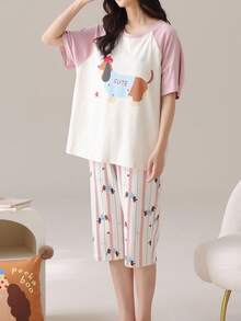 AICJ 2pcs/Set Women & Girls Casual Cute Cartoon Sausage Dog & Letter Print Pink Top, 3/4 Pants/Shorts, Spring/Summer Pajamas & Loungewear Set - Multicolor - View 4