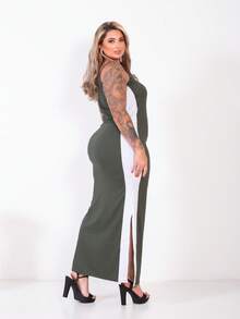 Plus Size Curvy Style Strappy Dress With Thin Straps, Side Slit, Ribbed Fabric, Extra Large, Long, Elastane, For Formal Parties And Maternity Wear. - Army Green - View 2