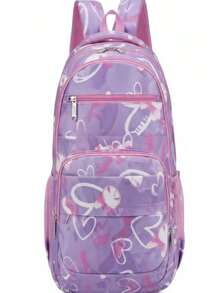 Girls' School Backpack, Reinforced Polyester Youth Bag - YT-9632 Purple With Heart - View 2