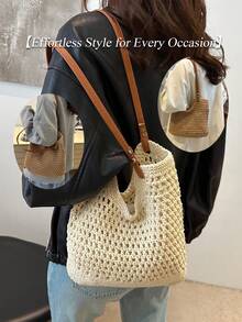 Large Capacity Handmade Woven Straw Bag For Women, 2026 New Beach Holiday Shoulder Tote Bag, Commuter Friendly , Summer Fashionable Casual Versatile Solid Color Beach Vacation Travel Shopping Straw Large Capacity Shoulder Tote Bag, Fashion Summer Vacation Bag, Beach Essentials Women Bags For Vacation & Holiday, Vacation Essentials, Perfect For Summer, Vacation & Beach, Hottest Beach Bags - Nhiều màu - Xem 6