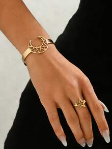 2pcs Fashionable & Elegant Moon Hollow & Star Ring Set, Suitable For Ramadan, Party, Celebration, Gift, Jewelry Set With Unique Design - Yellow Gold - View 5