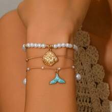 2pcs Double Layer Ocean Style Enamel Blue Whale Tail Pendant Bracelet Set, Suitable For Beach, Party, Date, Daily Wear - White - View 7