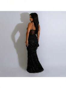 Vestidos Elegantes De Mujer Vestidos Dresses For Women Formal Dresses For Women Dresses For Women Dresses For Women Wedding Guest Elegant Prom Dresses Formal Dresses For Women Formal Gowns For Women Evening Elegant Sequined Party Long Dress, Fashionable Spaghetti-Strap Hip-Hugging A-Line Dress For Women - 黑色 - 查看 2
