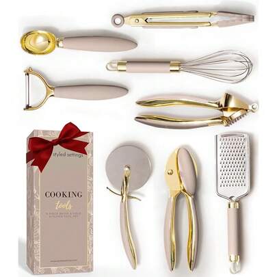 Gold And Beige Kitchen Utensils Set – 8 PC CooFKing Gadgets With Mini Gold Whisk And Tongs, Pizza Cutter, Garlic Press, Cheese Grater, Peeler, Can Opener, Scoops – Stylish Beige Kitchen Accessories