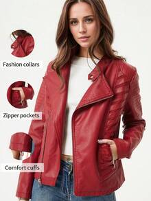 Giolshon Women's Fashion PU Leather Jacket - Casual Street Style Clothing For Spring And Autumn - 紅色 - 查看 1