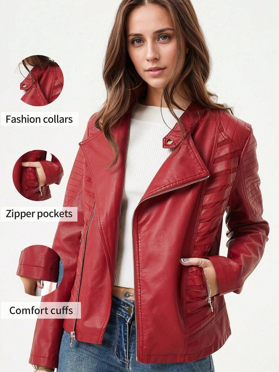 Giolshon Women's Fashion PU Leather Jacket - Casual Street Style Clothing For Spring And Autumn - 紅色 - 查看 1