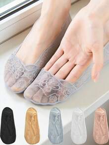 5/10 Pairs Women Peacock Plume Lace Boat Socks Summer Slippers Non-Slip Breathable Lace Invisible Fashion Sexy Non-Slip Cool Thin Sock - Multicolor - View 2