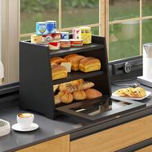 Bread Bin For Kitchen Countertop, Extra Large Bamboo Bread Box Storage Container For Homemade Bread, Double Layer Sourdough Breadox, Bread Bin Organizer For Counter Cabinet Pantry - Black - View 2