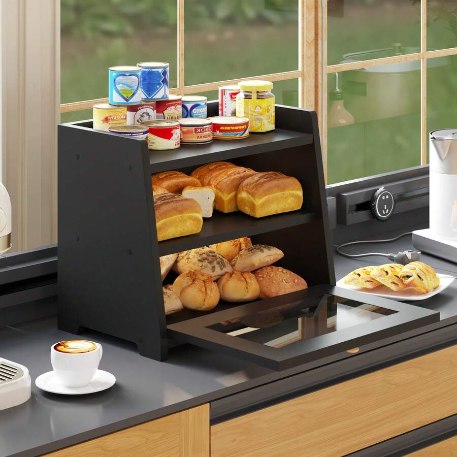 Bread Bin For Kitchen Countertop, Extra Large Bamboo Bread Box Storage Container For Homemade Bread, Double Layer Sourdough Breadox, Bread Bin Organizer For Counter Cabinet Pantry