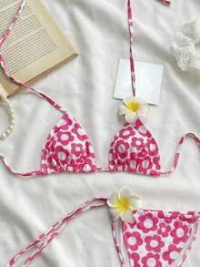 Nouveau maillot de bain femme d'été décontracté rose à fleurs 2 pièces bikini pour vacances à la plage - Multicolore - Voir 5