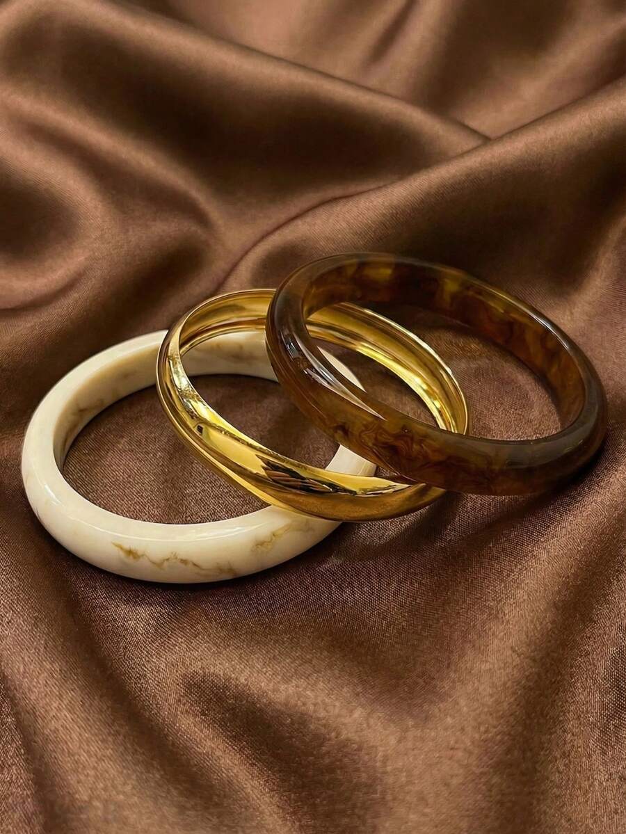 LADYCOCO 3件套复古厚款多色纹理树脂手镯，搭配金色金属手链，适合女士日常佩戴（产品图片与实物可能略有差异）（请参考详情中的尺寸表选择合适的尺寸）