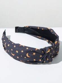 1件节日新款星月元素韩版布艺打结发箍，印花图案简约创意独特发饰，时尚造型装饰发箍发圈 - FG623黑色 - 查看 3