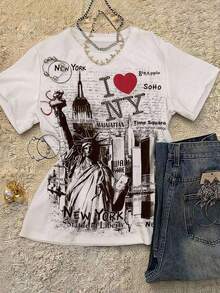 I Love NY Graphic Print T-Shirt - Statue Of Liberty Manhattan Landmark New York City Retro Streetwear Crew Neck Short Sleeve Top.   For Women,Valentine Outfits For Women,Tops De Mujer, Vacation Outfits Women, Clothes Women,Vintage Summer Outfits For Women, Track Suit For Her. A Perfect Valentine's Day Gift For Your Loved One! - 白色 - 查看 2