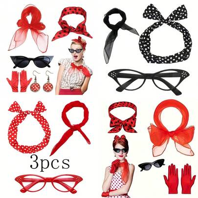Bộ phụ kiện nữ phong cách rock cổ điển 3 món/4 món/5 món, bộ thời trang thập niên 1950 bao gồm khăn voan, kính mắt mèo, băng đô chấm bi và bông tai, găng tay và khăn quàng cổ.
